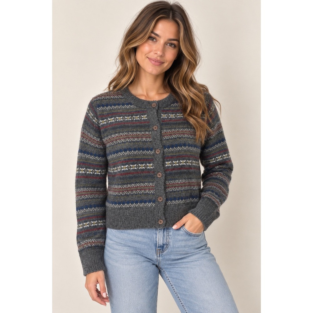 3.3 Field Trip Cardigan Women One Size Grey Excellent Fair Isle Button Knit